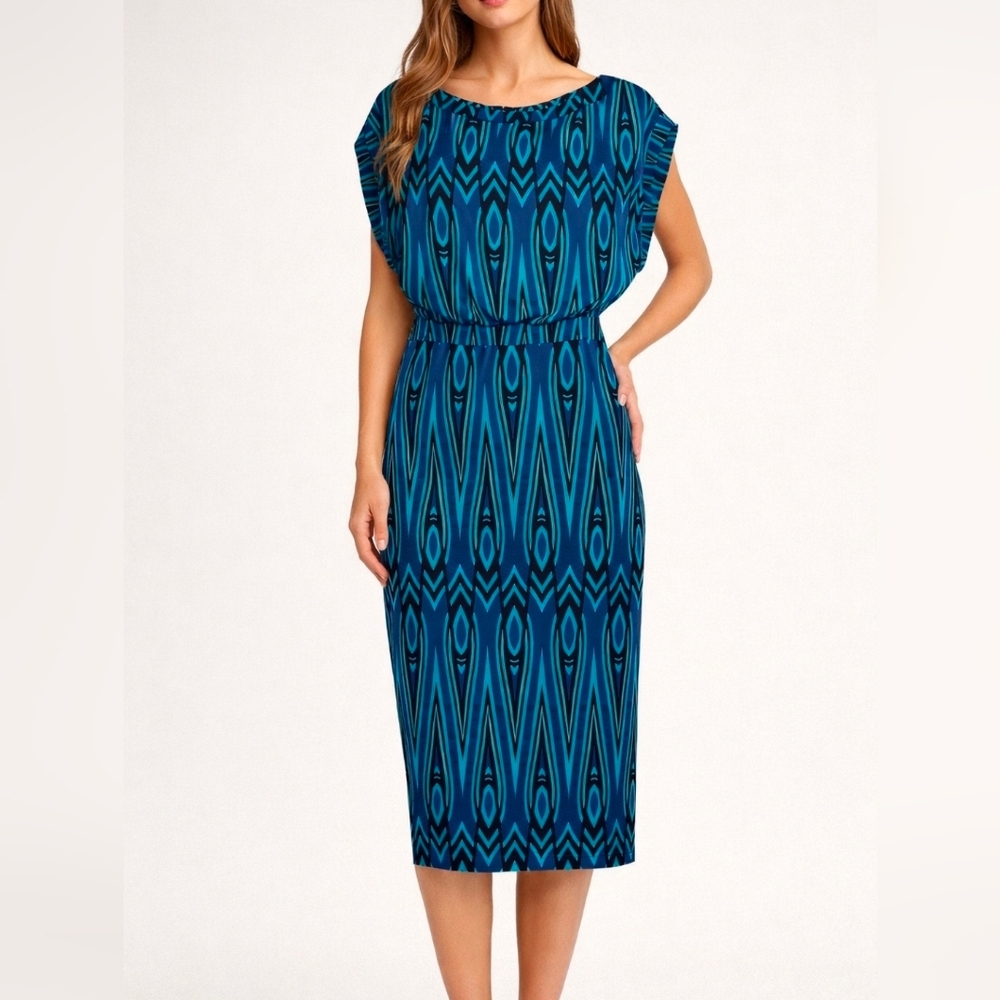Sangria Geometric Print Boat Neck Dolman Sleeve Midi Dress – Blue & Teal